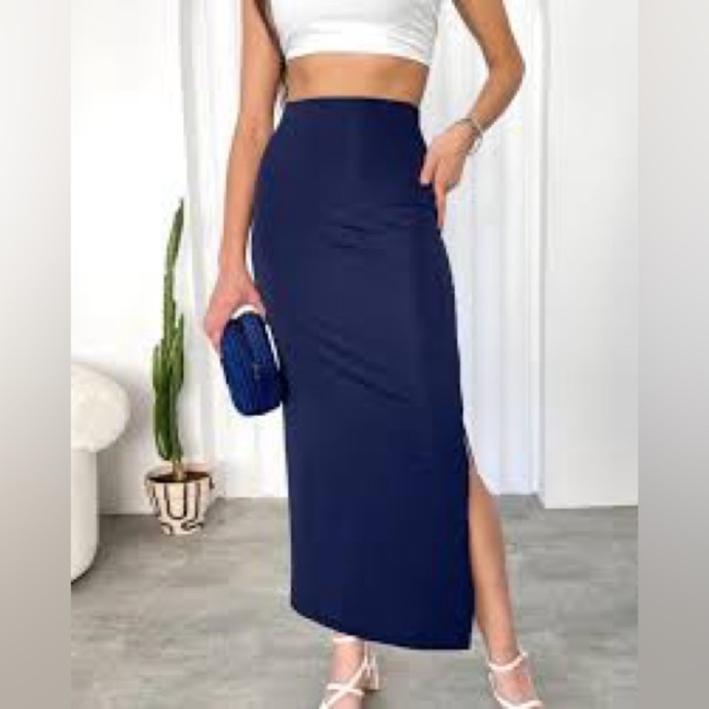 Long Skirt Side Slit Slinky Smooth Stretch Formal Dress Office Navy Blue Size 1X